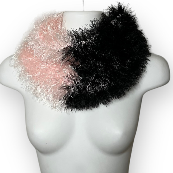 Handmade Accessories - Handmade Women's Hand Knit Pink & Black Fuzzy Faux Fur Yarn Cowl, Neck Warmer